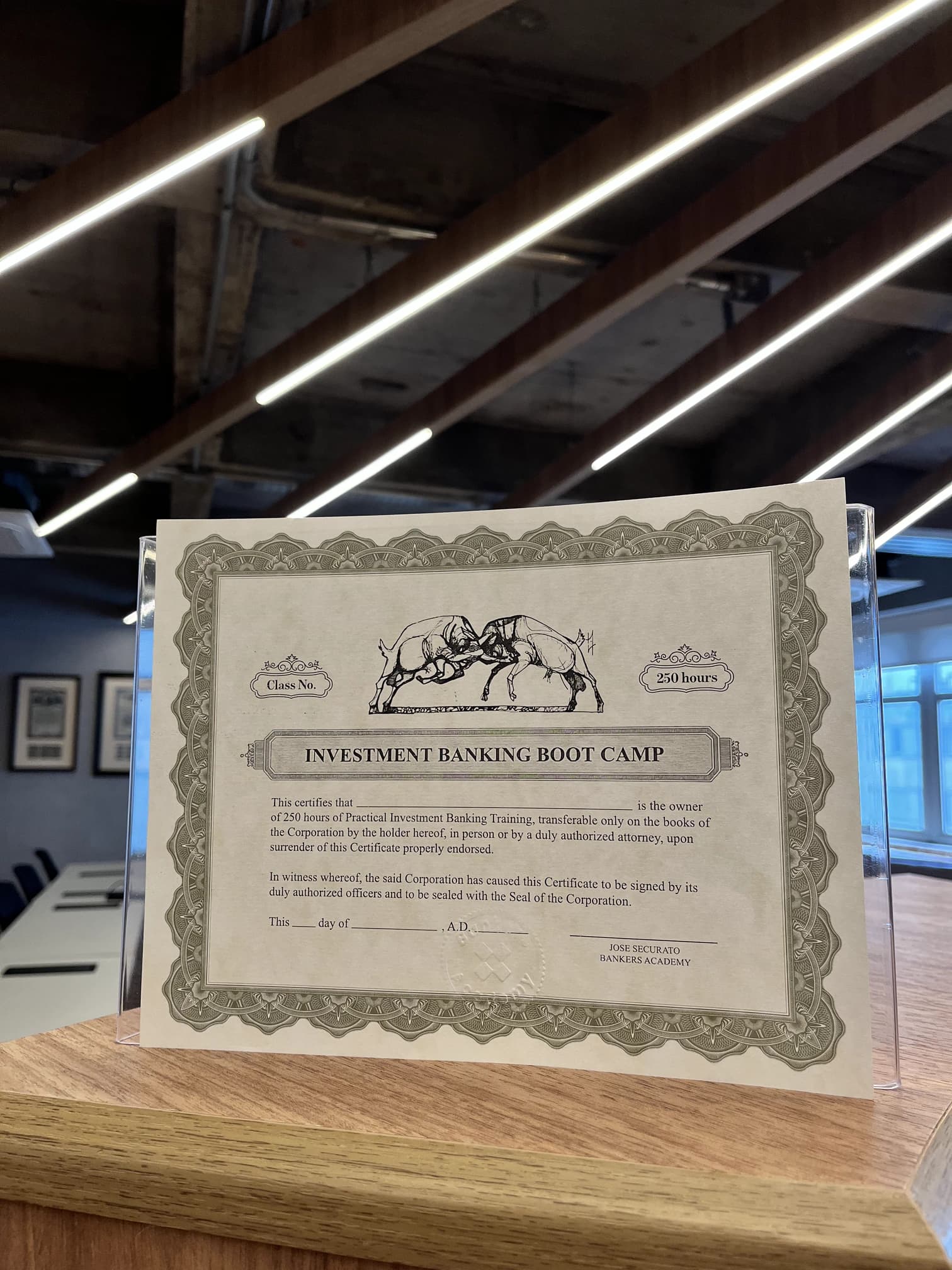 Certificado de 250 horas do Investment Banking Boot Camp da Bankers Academy